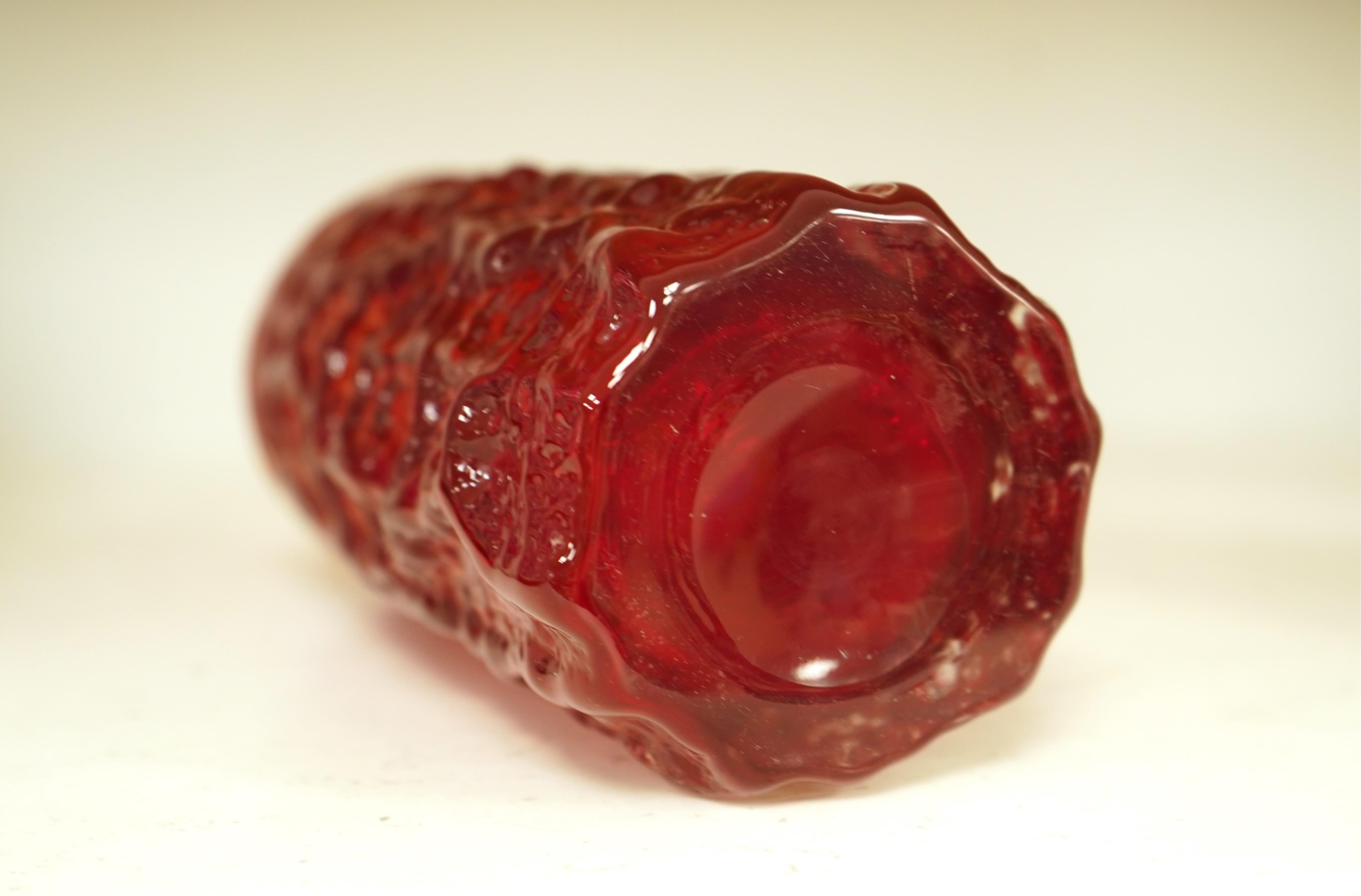 A Geoffrey Baxter for Whitefriars ruby red bark vase, 19cm high
